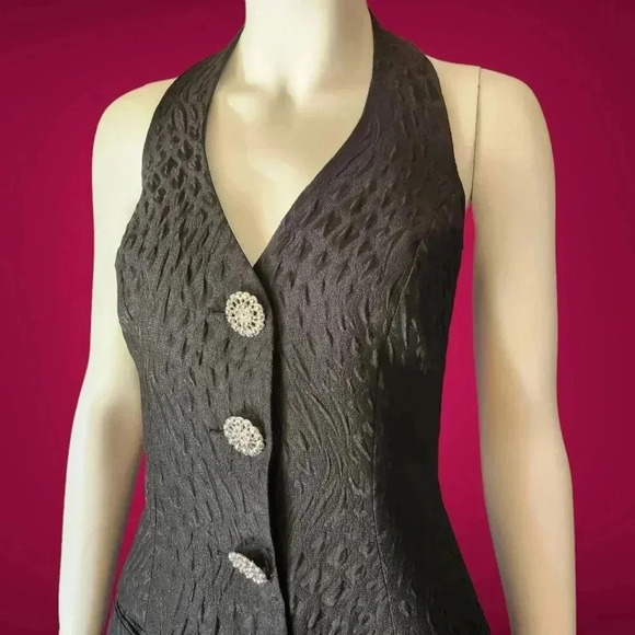 Vintage 80s Embossed Black Satin Halter Top / Mini Dress M - Picture 8 of 10